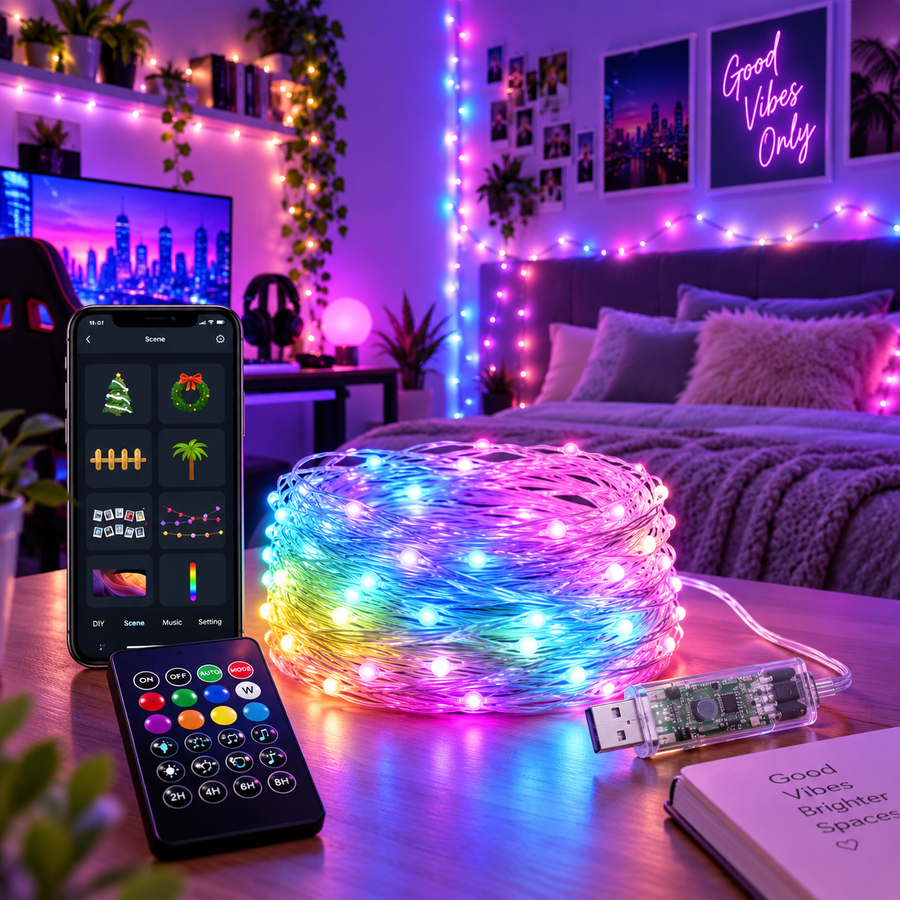 Smart RGB fairy string lights in a colorful bedroom and gaming setup