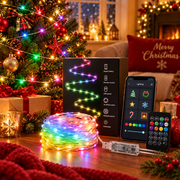 Smart RGB fairy string lights in a Christmas holiday decor setup