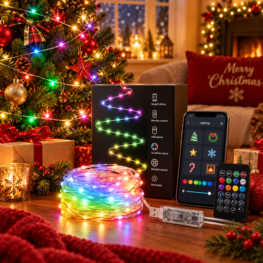 Smart RGB fairy string lights in a Christmas holiday decor setup