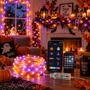 Smart RGB fairy string lights in a Halloween home decor setup